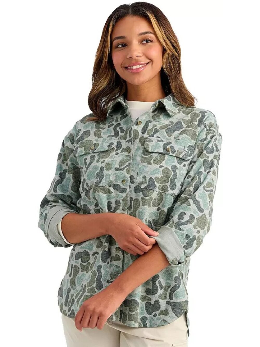 HUK Women's Chesapeake KC Printed Flannel Volcanic Ash Camo Size XL Button up - Picture 12 of 12